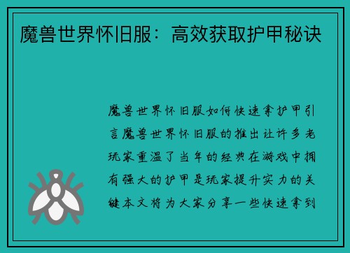 魔兽世界怀旧服：高效获取护甲秘诀